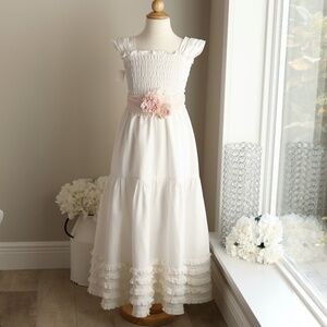White Linen Smocked Dress Beach Flower Girl Boho Persnickety Girls Size 7/8 NWOT